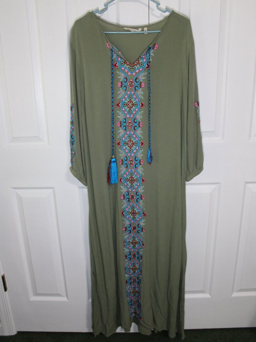 Soft Surroundings Olive Green Sicily Gauze Maxi Dress w/Embroidery and Tassels